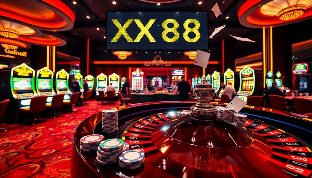Experience the thrill of winning at XX88 casino, with a lively roulette table and exciting slot machines.