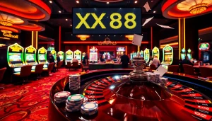 Experience the thrill of winning at XX88 casino, with a lively roulette table and exciting slot machines.