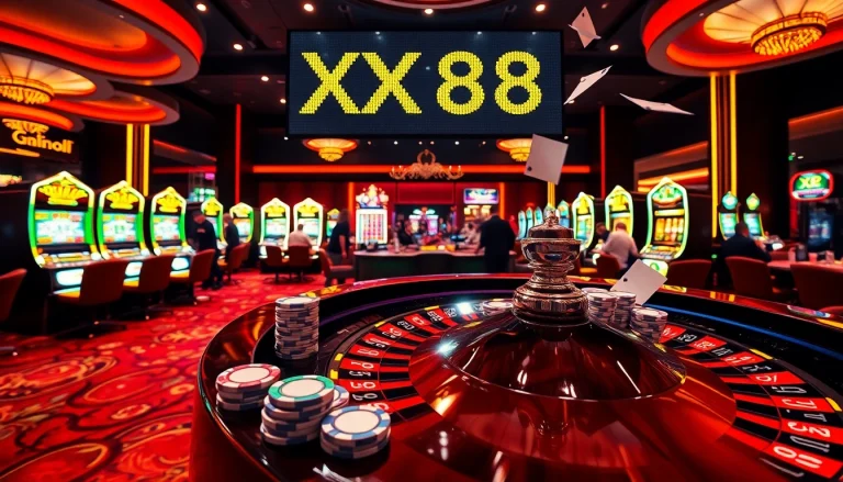 Experience the thrill of winning at XX88 casino, with a lively roulette table and exciting slot machines.