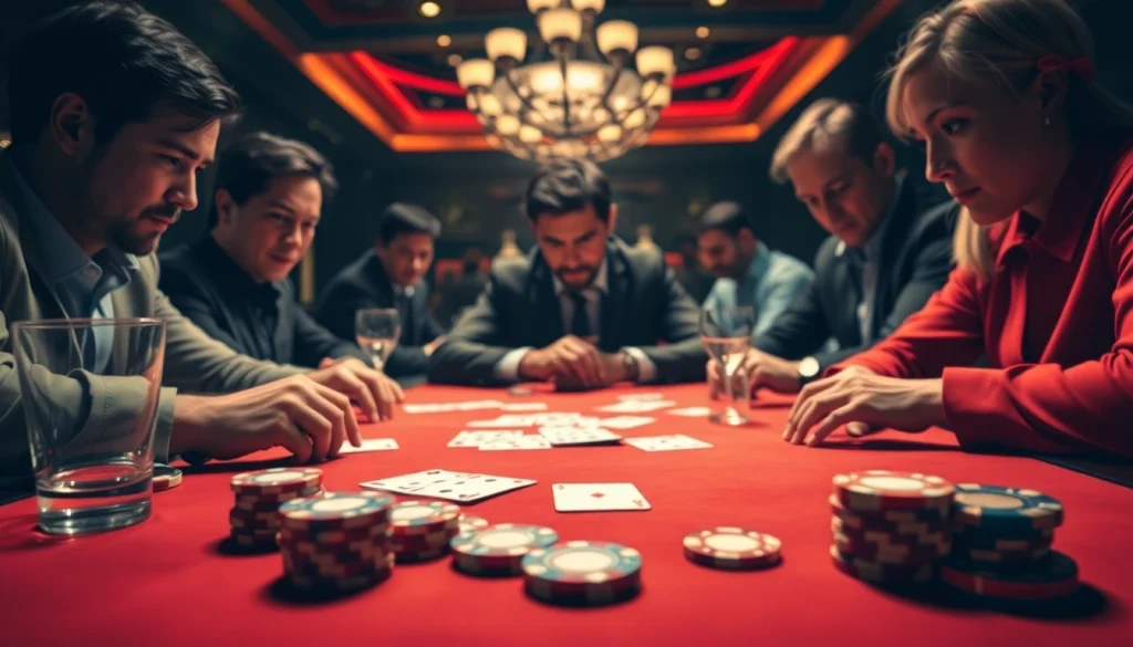 Permainan poker online game dengan pemain berfokus di meja judi yang mewah.