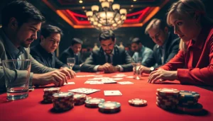 Permainan poker online game dengan pemain berfokus di meja judi yang mewah.