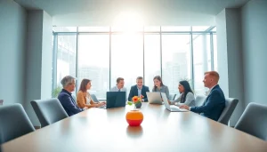 Corporate photography service showcasing engaged team in a modern office setting.