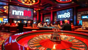 Experience the thrill of mm88 at a thrilling roulette table with vibrant casino chips.