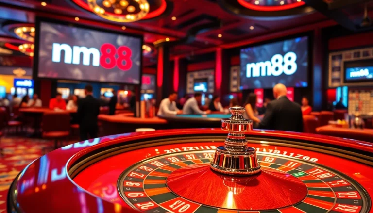 Experience the thrill of mm88 at a thrilling roulette table with vibrant casino chips.