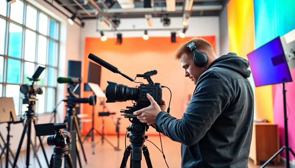 Engaging videographer demonstrating effective video content strategy in a vibrant studio.