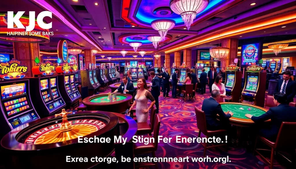 Casino gaming scene featuring KJC brand elements, showcasing vibrant tables and exciting players.