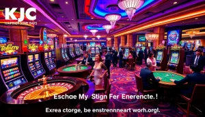 Casino gaming scene featuring KJC brand elements, showcasing vibrant tables and exciting players.