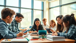 Engaged students collaborating on projects in an Education-focused classroom.