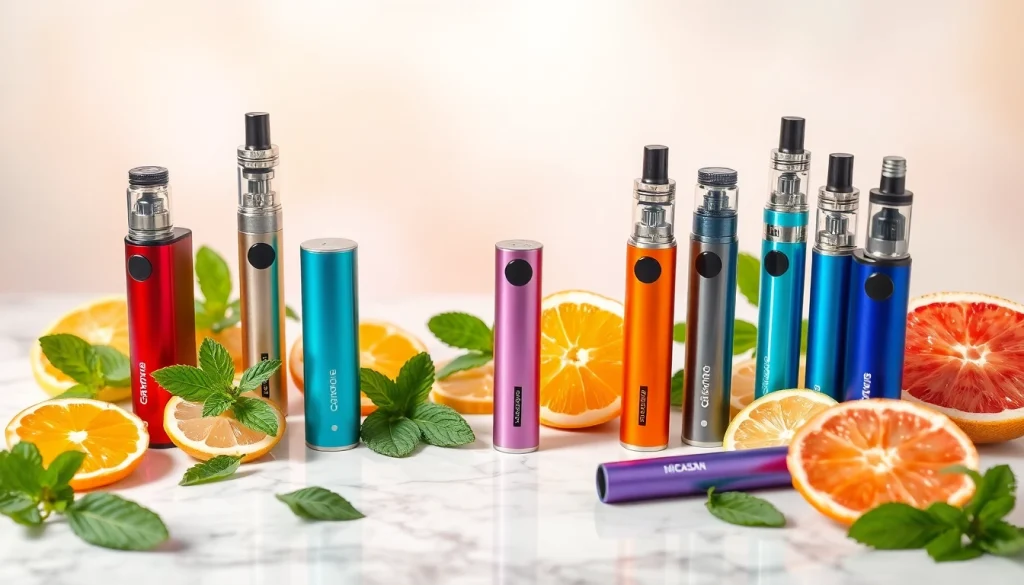 Vape ohne nikotin in einer bunten Anordnung, umgeben von frischen Minzblättern und Zitrusfrüchten.