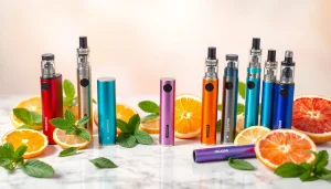 Vape ohne nikotin in einer bunten Anordnung, umgeben von frischen Minzblättern und Zitrusfrüchten.