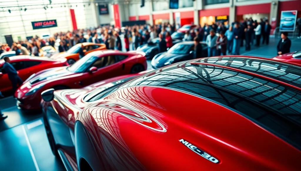 Attendees exploring various models at an Auto Cars Show featuring modern and classic vehicles.