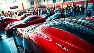 Attendees exploring various models at an Auto Cars Show featuring modern and classic vehicles.