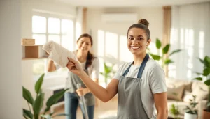 Cleaning Service team doing thorough cleaning in a cozy living room setting with bright natural light.