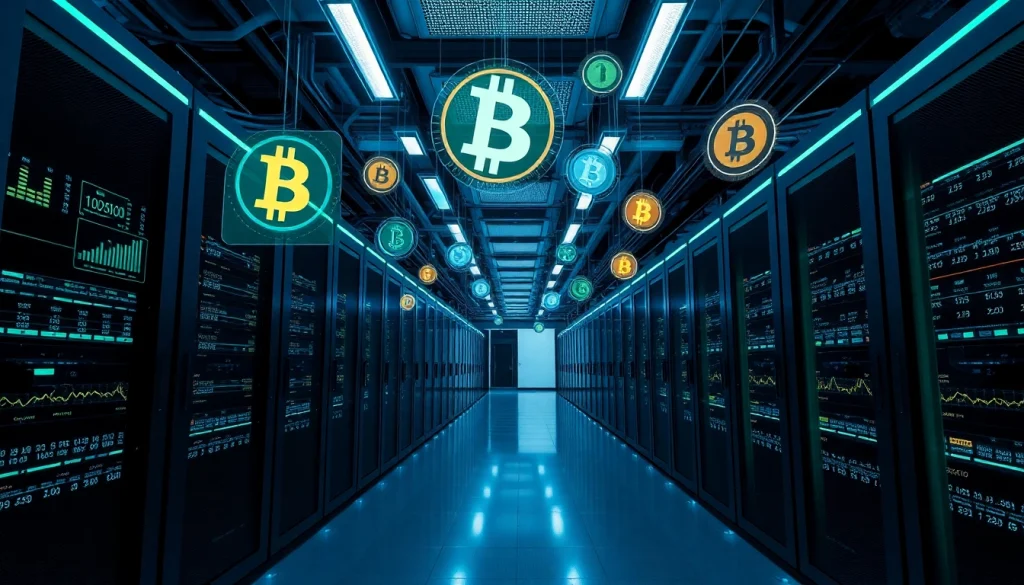 Innovative bitcoin cloud mining data center with high-tech servers and holographic metrics.