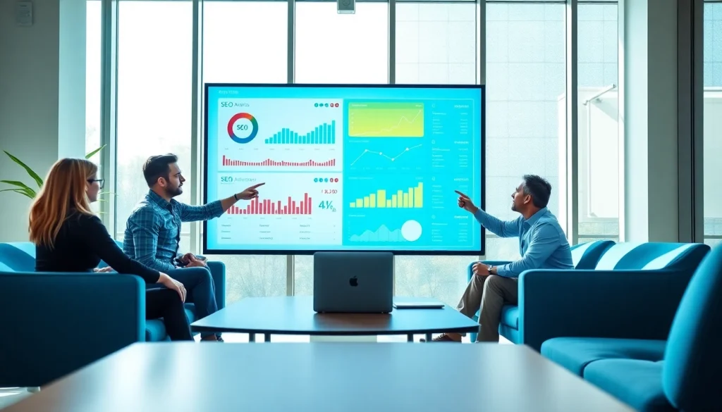 Best SEO company team analyzing data in a bright office environment.