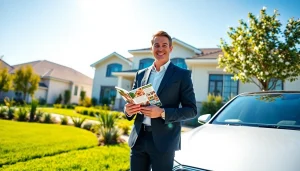Real Estate agent engaging with potential buyers outside a modern home.