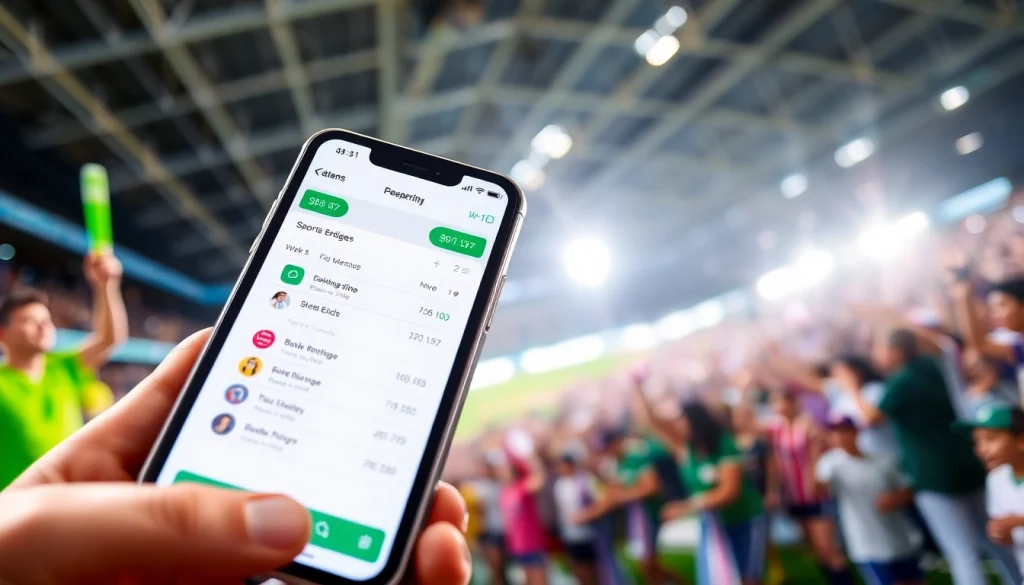 Explore the best sports betting apps India with an interactive smartphone display at a vibrant sporting event.