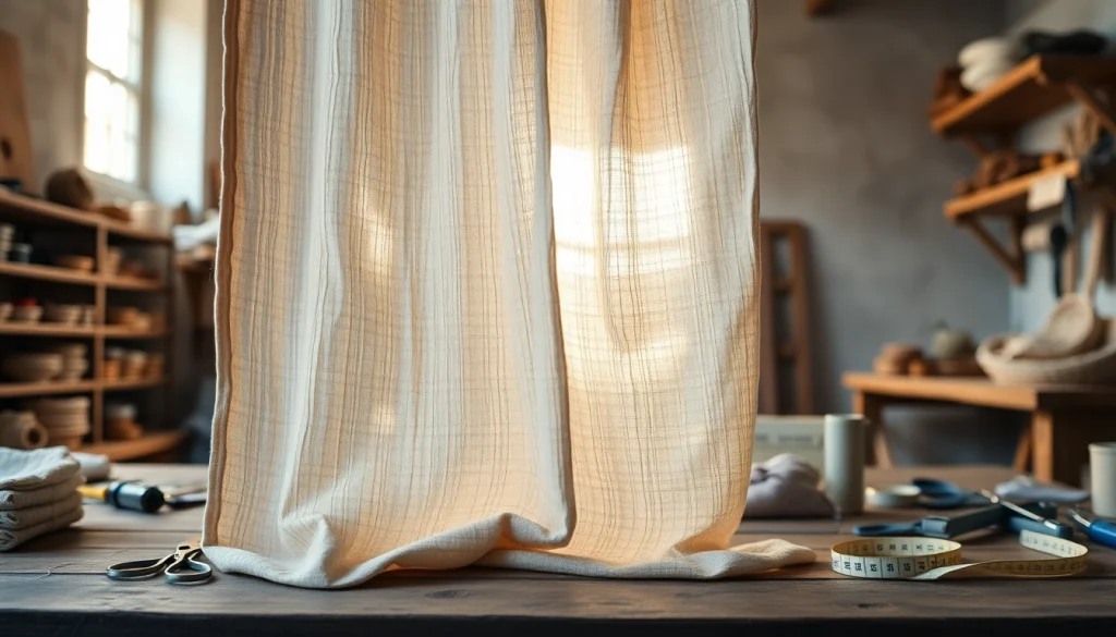 Ongebleekt katoenliggend op een houten tafel met naaiaccessoires.
