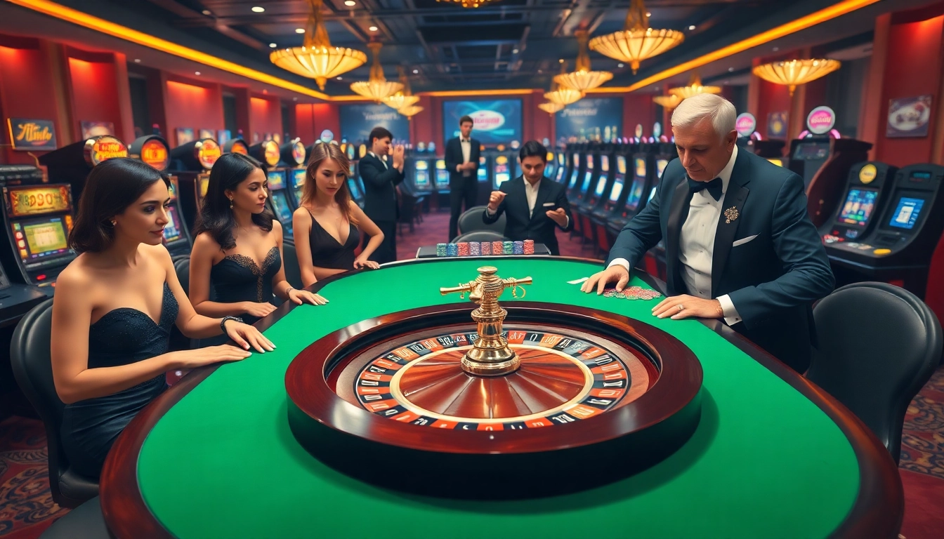 Hi88 players enjoying an exciting roulette game at a vibrant casino.