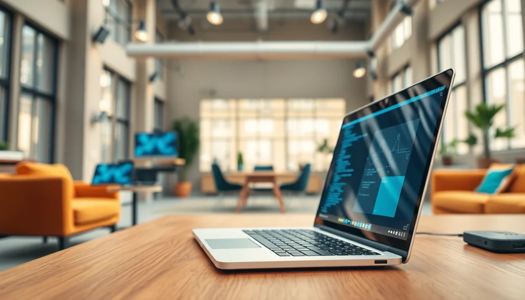 Showcasing Technology in a modern workspace with a laptop and vibrant atmosphere