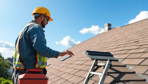 Evaluate high-quality roofing solutions with a professional roofer inspecting a residential roof.