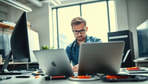 Delivering expert computer services in a modern office environment featuring a technician at work.