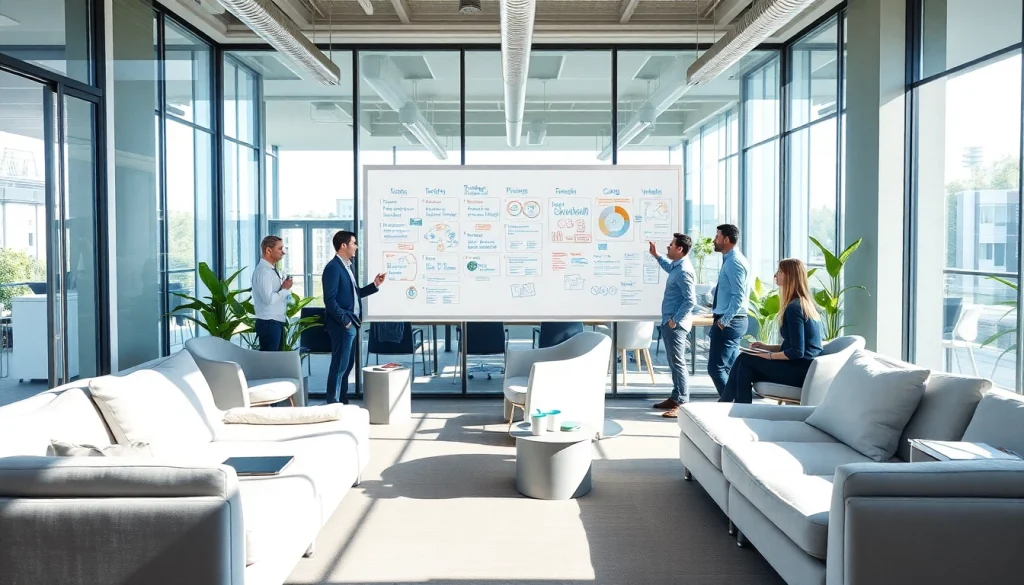 Engaged team creating innovative strategies for Good Wolf Marketing in a collaborative office.