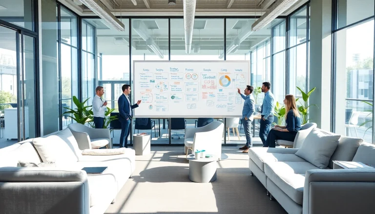 Engaged team creating innovative strategies for Good Wolf Marketing in a collaborative office.