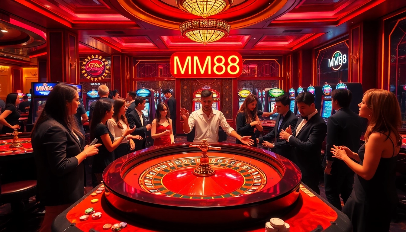 Players celebrating their wins at a thrilling MM88 casino roulette table, surrounded by vibrant slot machines and chips.