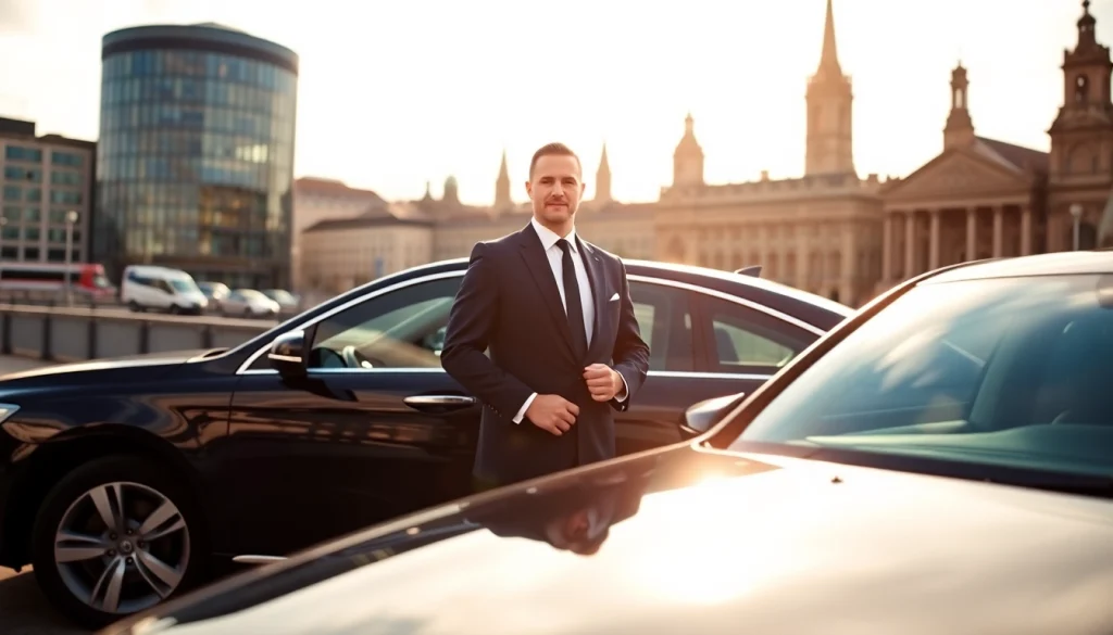 Chauffeur Nottingham awaits by an elegant car against the backdrop of the city.