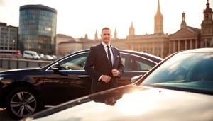 Chauffeur Nottingham awaits by an elegant car against the backdrop of the city.