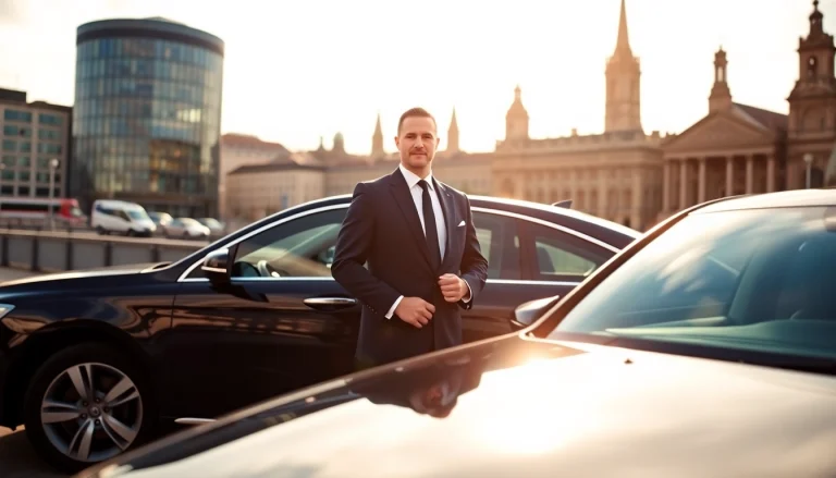 Chauffeur Nottingham awaits by an elegant car against the backdrop of the city.