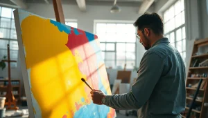 Canvas schilderende kunstenaar bezig met kunst in een luchtige studio