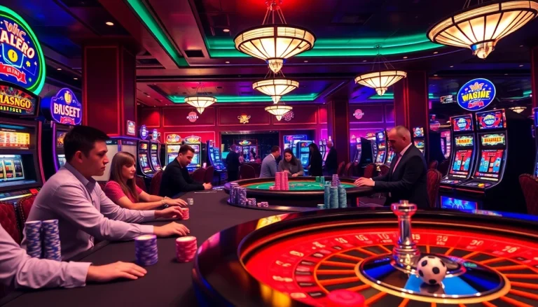 Exciting casino atmosphere showcasing KJC AC 3 with roulette tables, slot machines, and poker chips.
