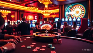 Experience the thrill of live casino games at https://rr88ez.com/ with poker tables illuminated in vibrant colors.