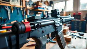 Showcase of a forced reset trigger ar 15 in a detailed workshop setting highlighting its mechanism.