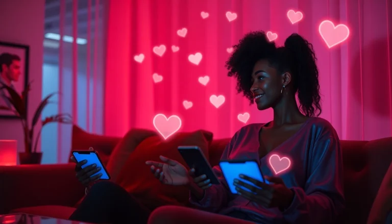 Engaging AI sexting scene with virtual characters in a cozy digital lounge.