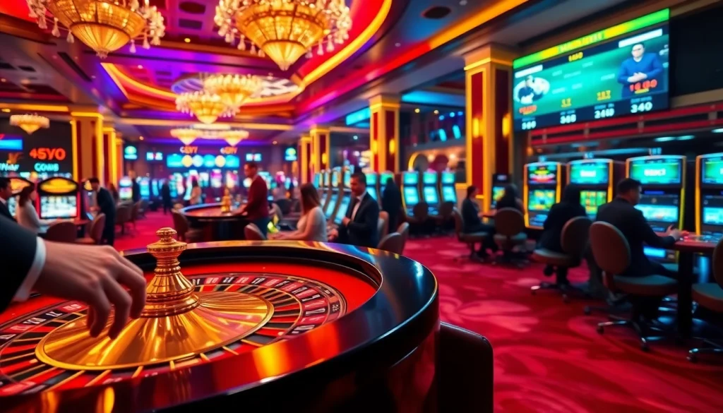 Exciting casino gaming scene showcasing Trang chủ Hay88 with players at roulette and slot machines.