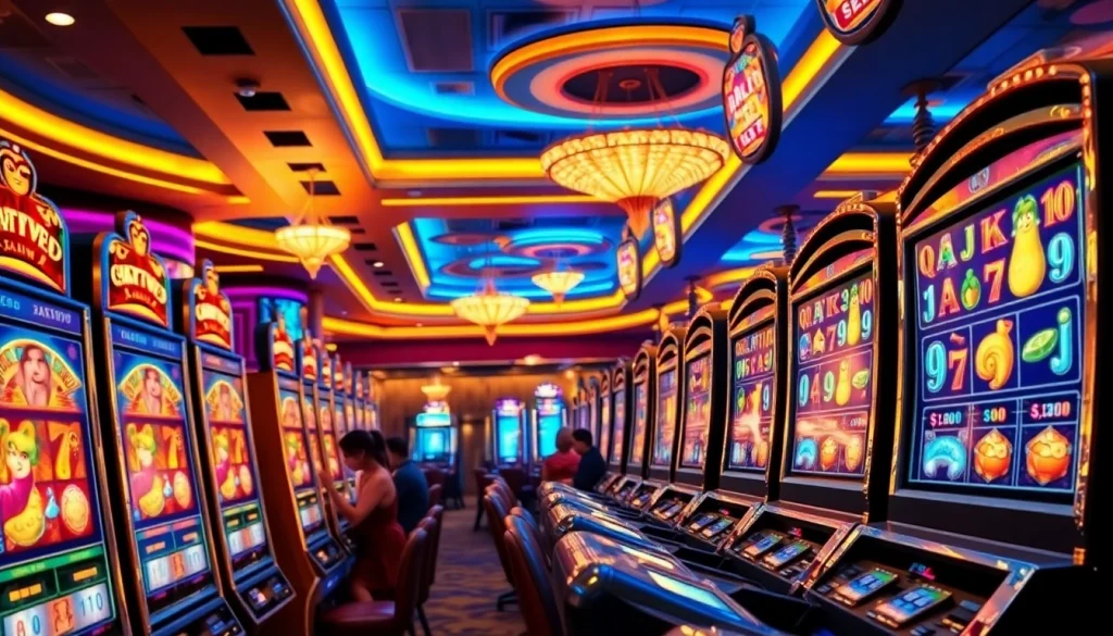 Slot hoki scene with players engaging at vibrant slot machines in a lively casino atmosphere.