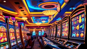 Slot hoki scene with players engaging at vibrant slot machines in a lively casino atmosphere.