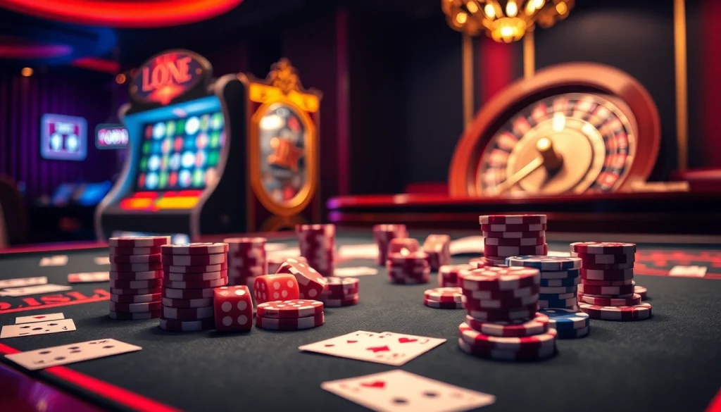 Engaging scene illustrating birutoto gaming with poker chips, dice, and a vibrant slot machine, highlighting the excitement of casino play.