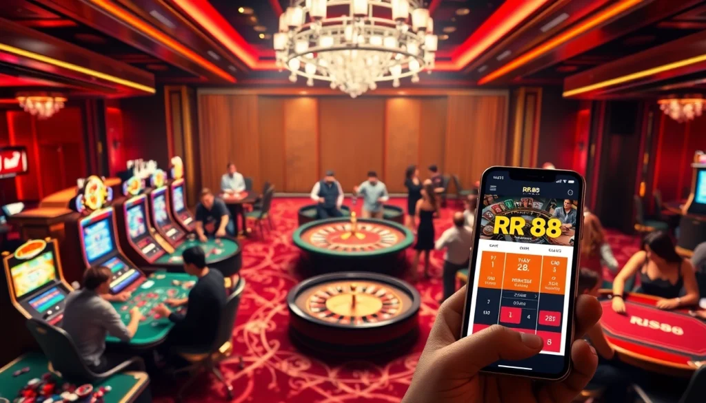 Nền Tảng RR88 showcases an exciting casino environment with diverse games and players engaging in online gambling.