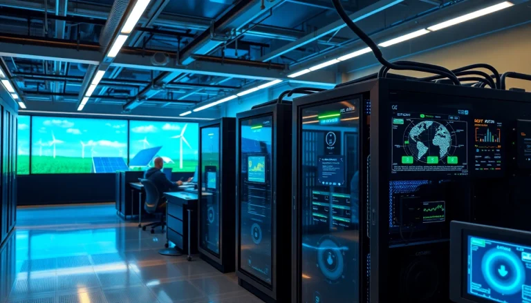 Cluod mining facility showcasing AI optimization and renewable energy systems.