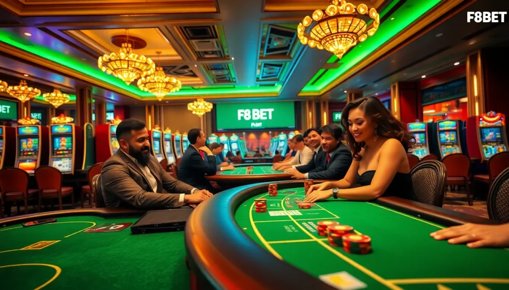Excited players engaging with F8 BET at a vibrant casino table surrounded by colorful chips and slot machines.
