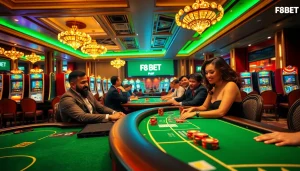 Excited players engaging with F8 BET at a vibrant casino table surrounded by colorful chips and slot machines.