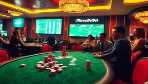 Marvelbet showcases an exciting casino atmosphere with vibrant poker tables and betting screens.