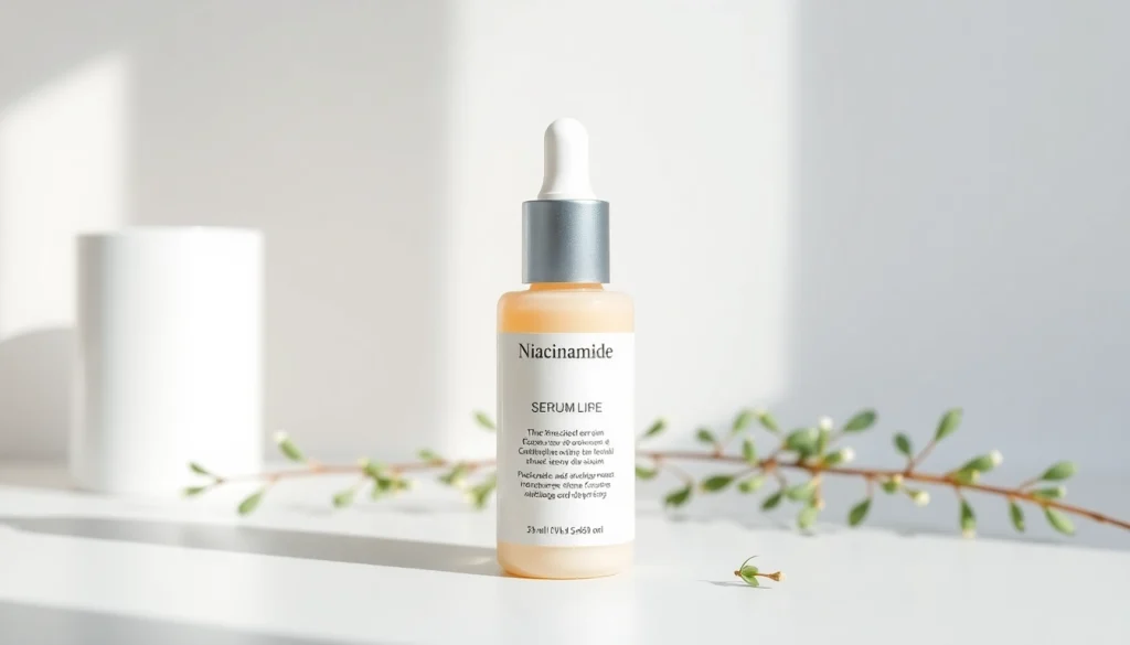 Niacinamidserum visat i en elegant uppställning med naturliga element som lyfter fram dess hudvårdsfördelar.
