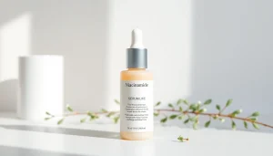 Niacinamidserum visat i en elegant uppställning med naturliga element som lyfter fram dess hudvårdsfördelar.