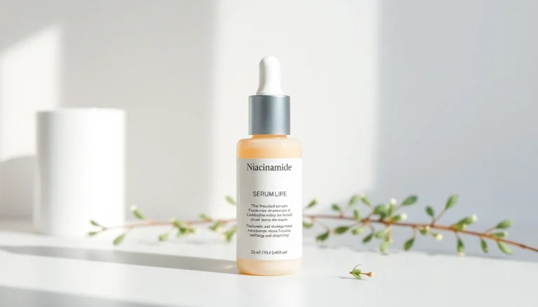 Niacinamidserum visat i en elegant uppställning med naturliga element som lyfter fram dess hudvårdsfördelar.