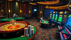 Nếu như vậy bám vào đây, players strategizing at a luxurious poker table in a vibrant casino setting.